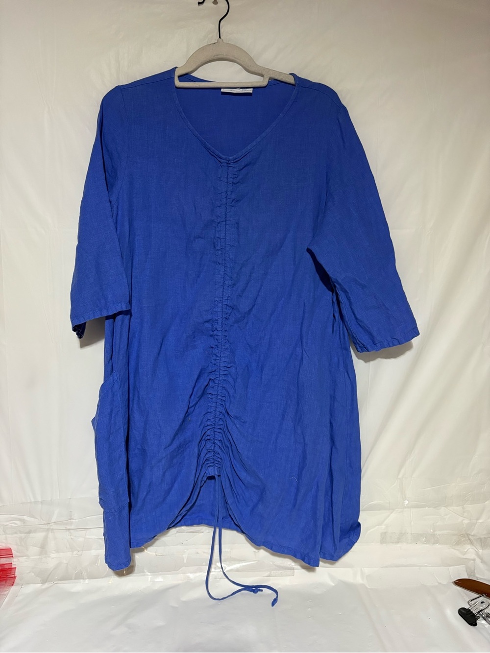 bryn Walker 100% linen Cobalt Blue V-Neck Ruched Front Tunic